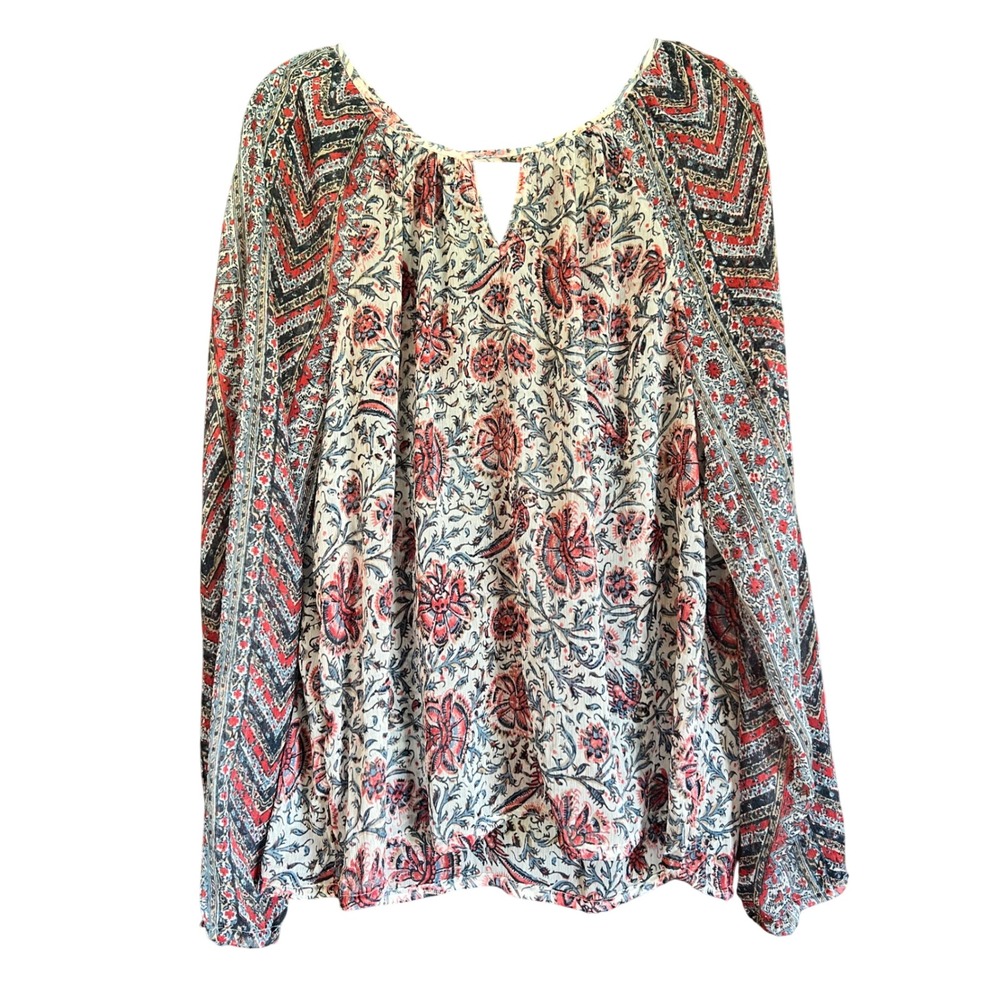Lucky Brand Women Red Blue Floral Chevron Long Sleeve Peasant Blouse Large Indie